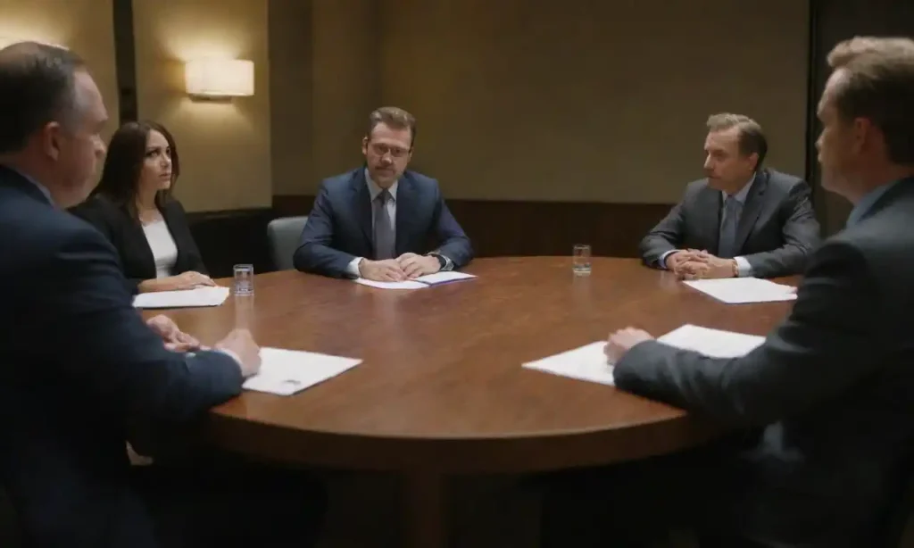 A diverse group of professionals engaged in a mediation discussion around a table.