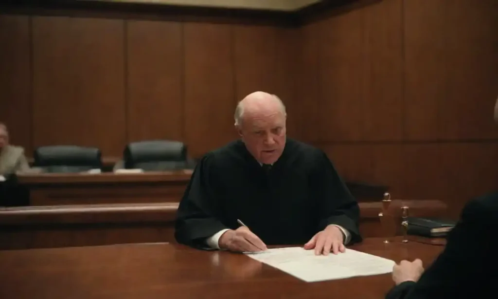 A courtroom scene with legal documents and a judge presiding over a probate case.