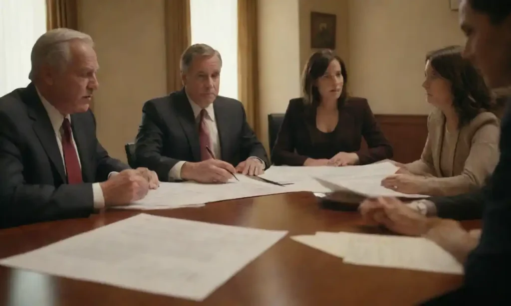 Legal documents and a family discussing asset distribution around a table.