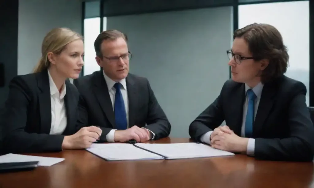 Lawyers discussing case files in a modern office setting