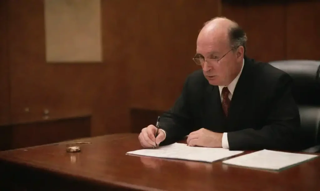 A person consulting legal documents in a courtroom setting.