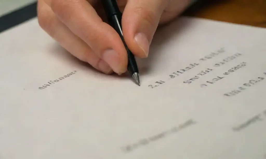 An individual examining a document labeled Will with a calendar and pen beside it.