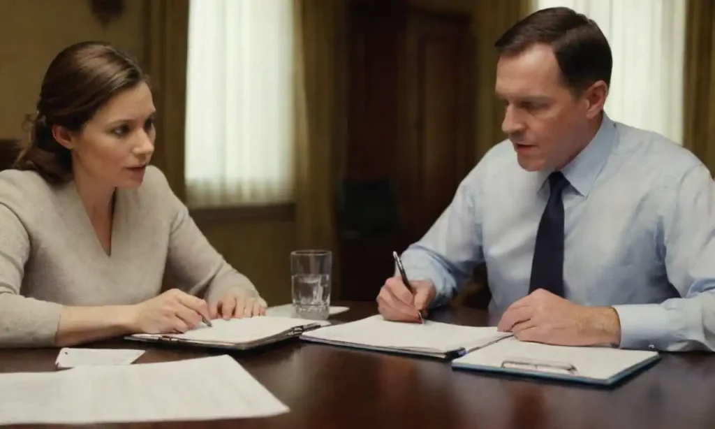 A family discussing legal documents around a table