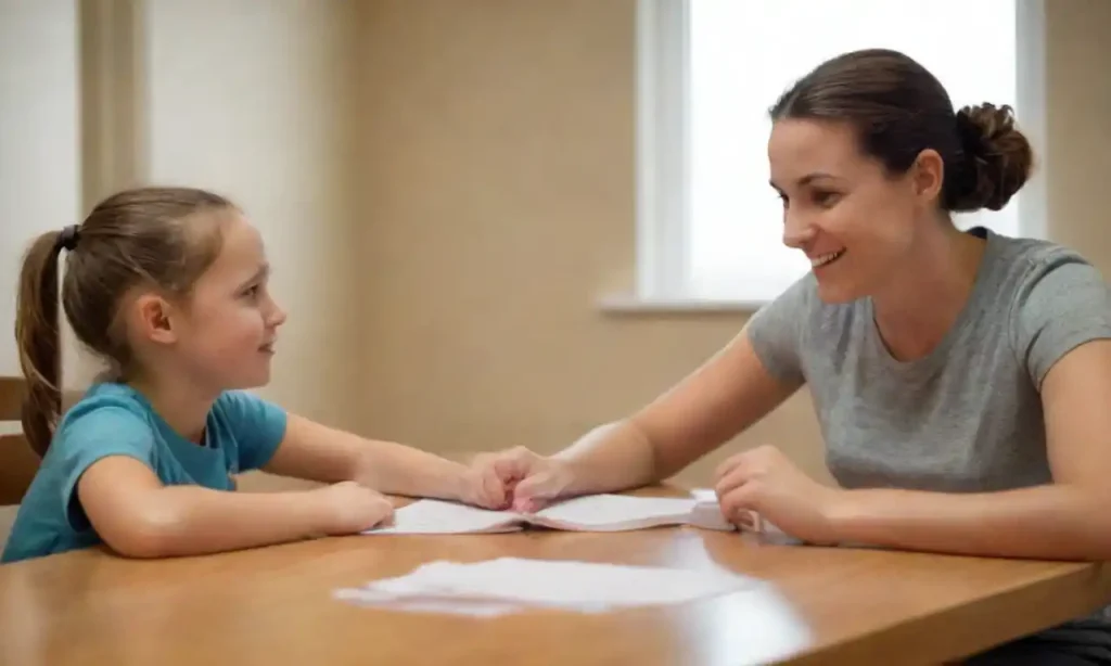 A caregiver supporting a child while discussing important tasks at a table.