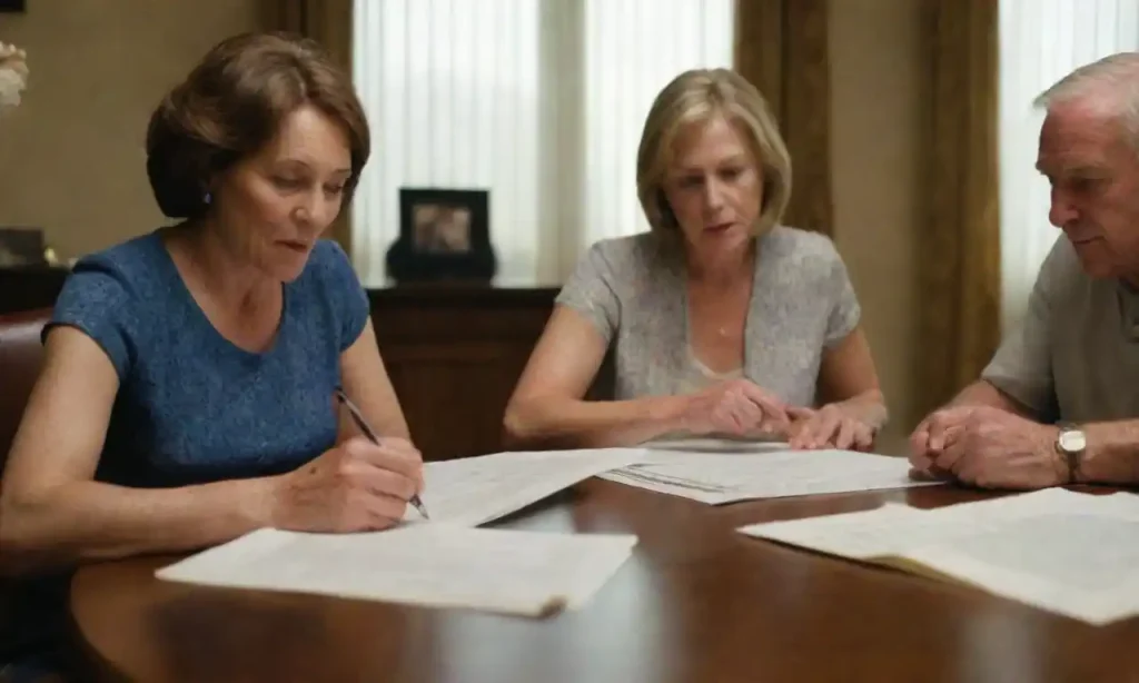 Legal documents and family members discussing estate distribution around a table.