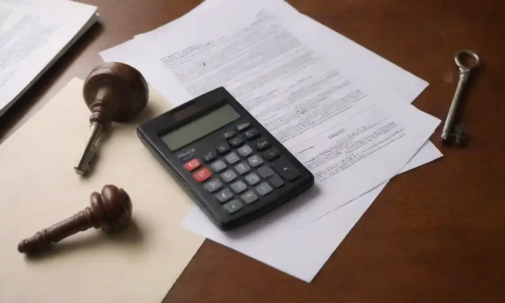 A gavel and house keys surrounded by legal documents and a calculator.