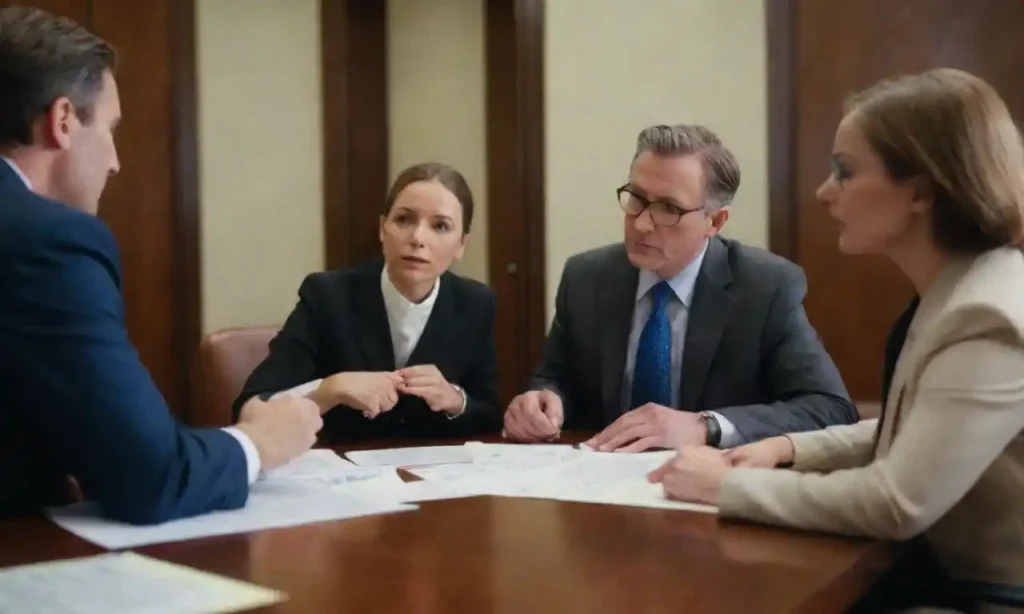 Individuals discussing legal documents with a lawyer in an office setting.