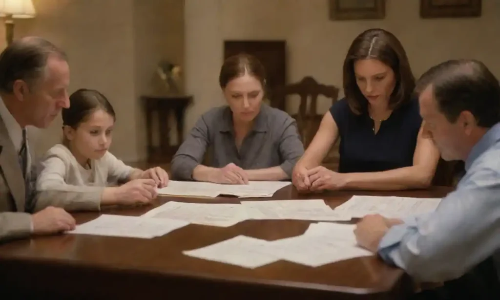 A family gathering around a table reviewing documents and an estate plan.