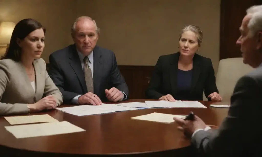 A mediator facilitating a meeting with family members around a table