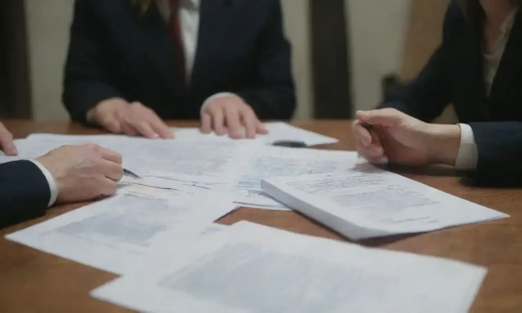 A family meeting at a table with documents and charts discussing financial and estate plans.