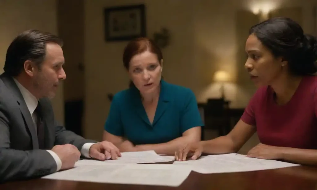 Diverse family members discussing documents around a table