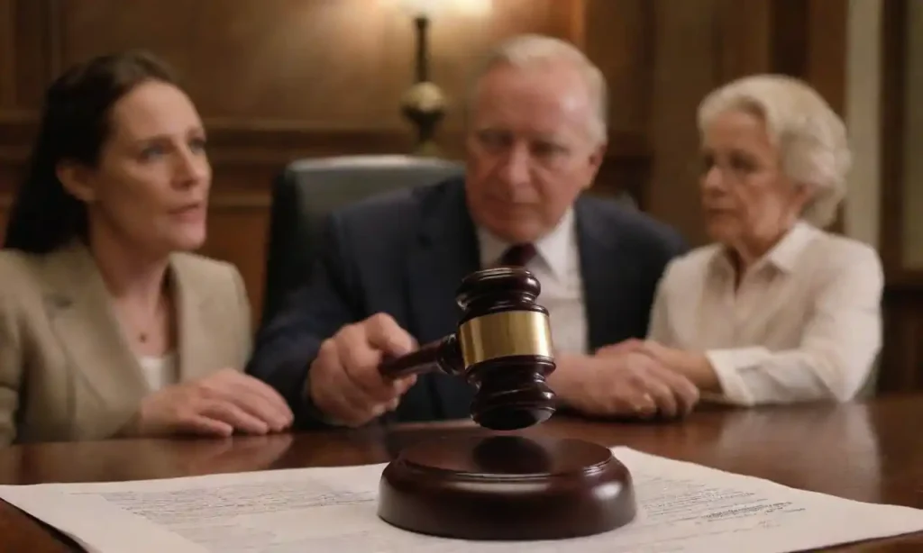 A legal document with a gavel and family members discussing estate plans.