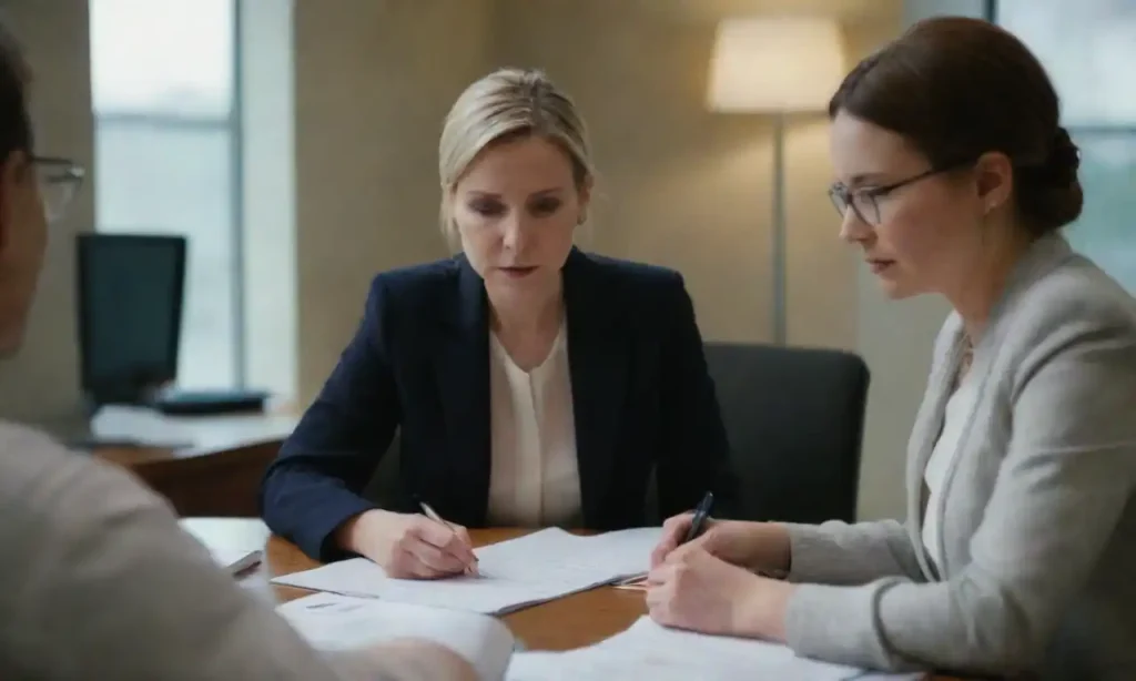 Person reviewing legal documents with a financial advisor in an office setting.