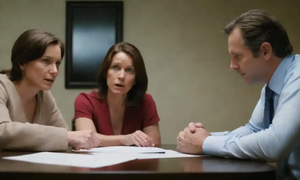 A family meeting around a table with documents and concerned expressions.