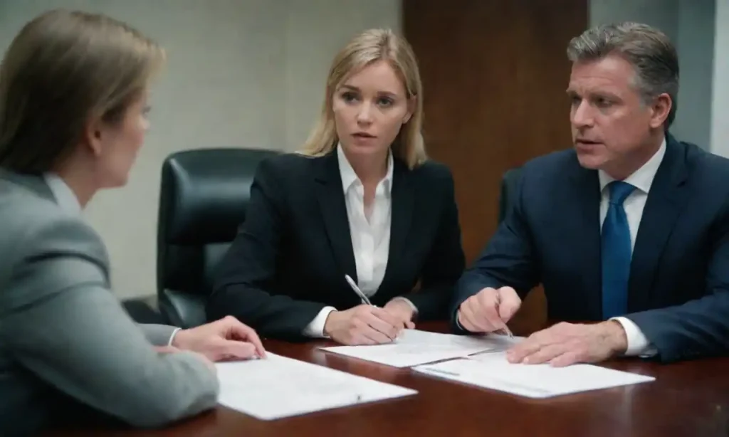 Group of professional lawyers discussing documents in a lawyers office.