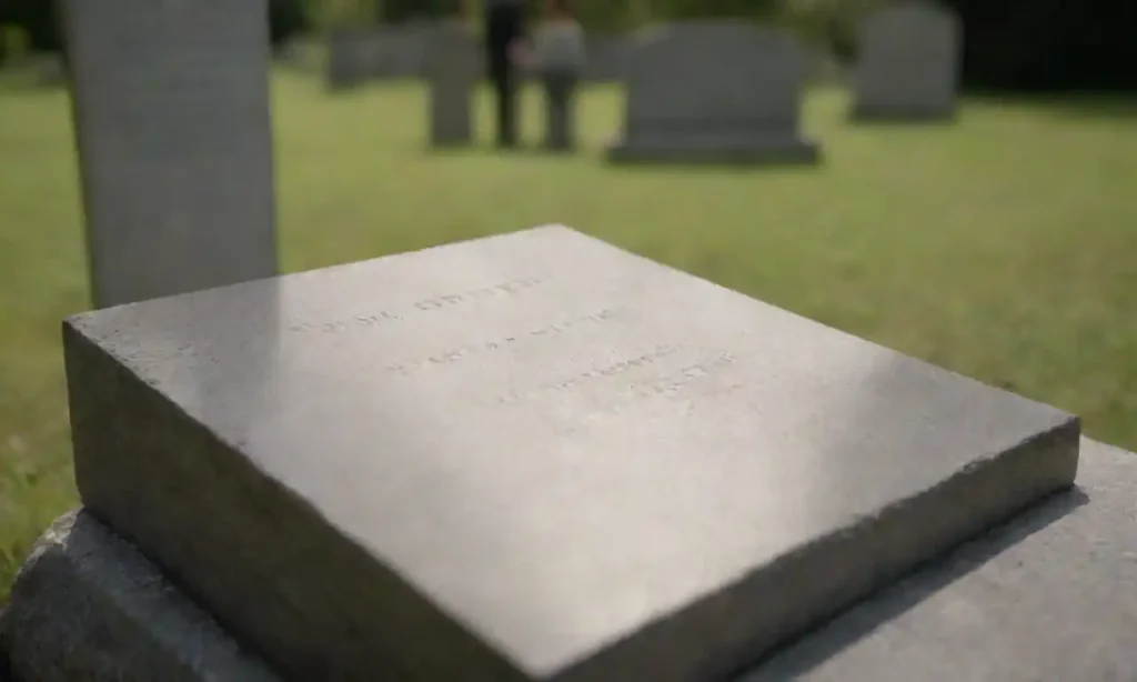 A legal document with highlighted sections beside a gravestone and family members discussing.