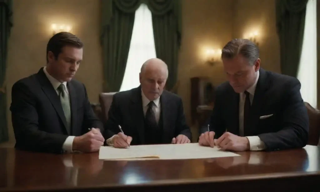 A group of witnesses signing legal documents in a formal setting.