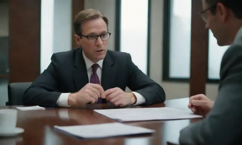 A lawyer explaining documents to a client in a professional office setting.