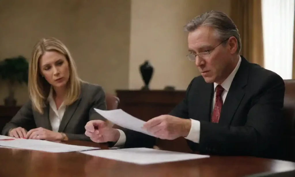 Executor reviewing legal documents with a nonprofit representative at a table.