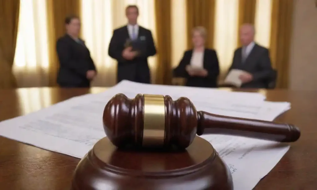 A gavel resting on a legal document with a family photo in the background.