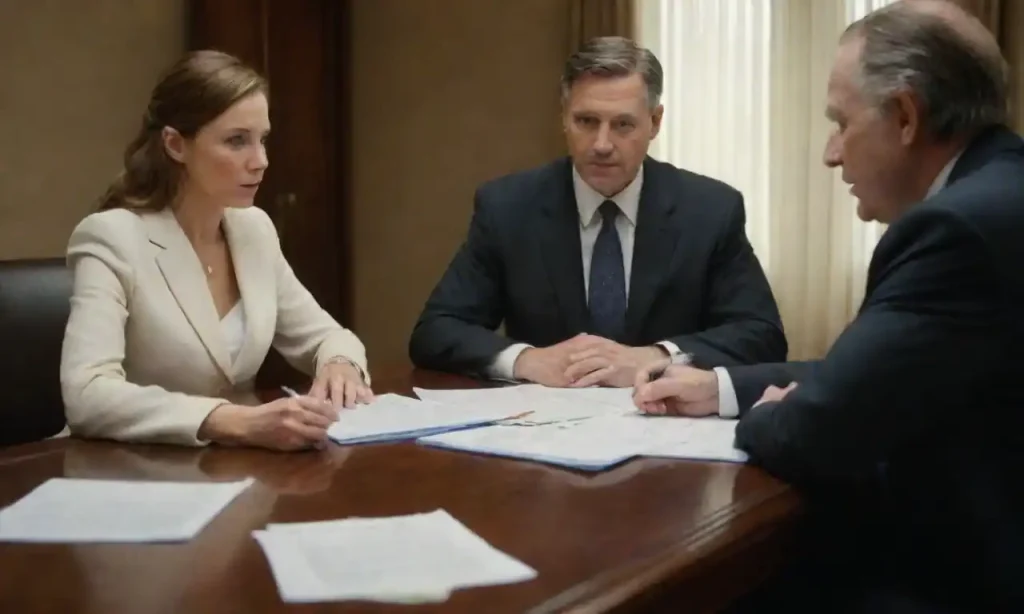 A family discussing legal documents around a table with a legal advisor.