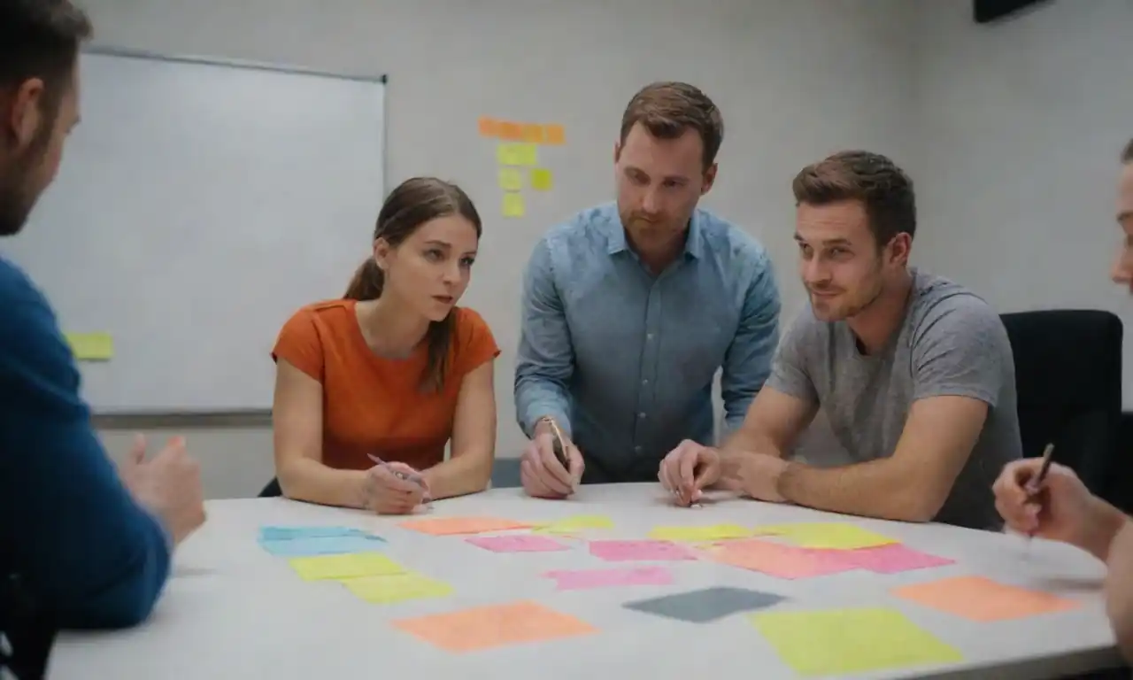 Team brainstorming around a table, with sticky notes and vibrant ideas on a whiteboard.