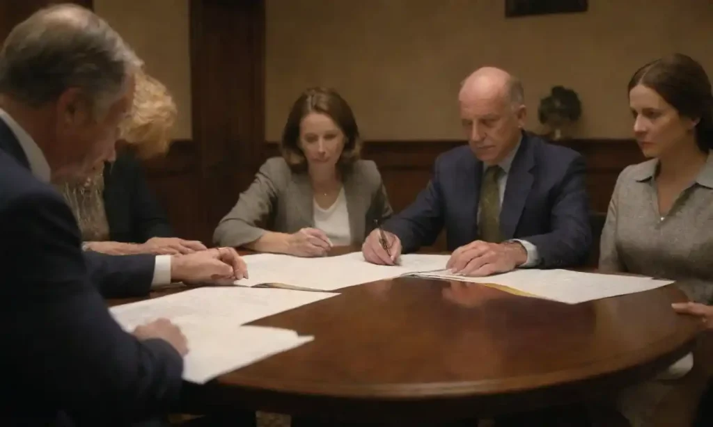 Mediator facilitating a discussion between family members at a table with documents.