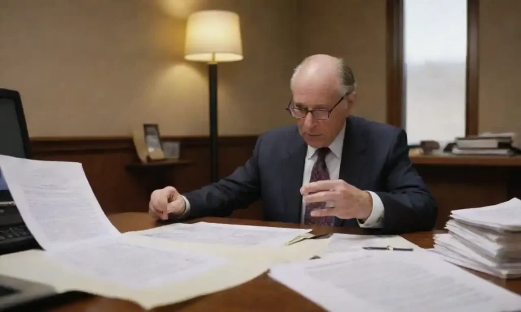 A person reviewing legal documents and estate plans in a cluttered office.