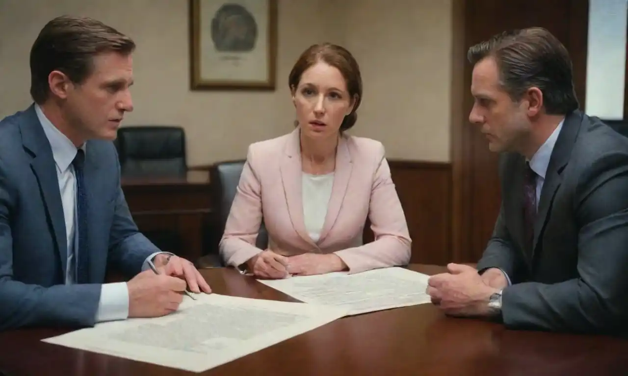 A concerned family discussing inheritance documents with lawyers in an office setting.