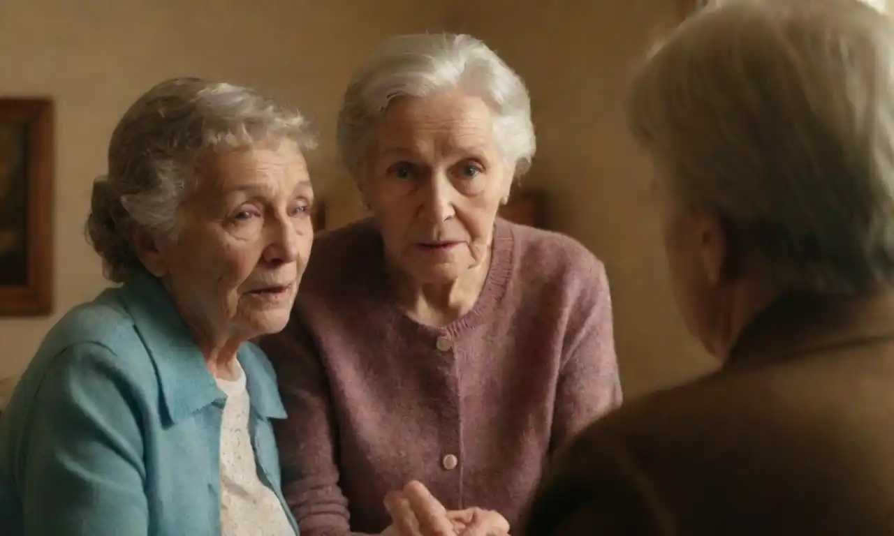 A concerned individual gently talking to an elderly family member in a warm, supportive setting.