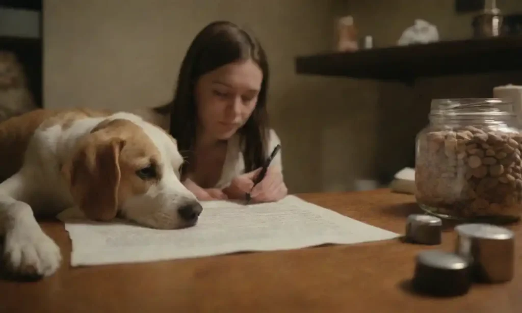 A pet owner signing a will with a dog and cat beside them