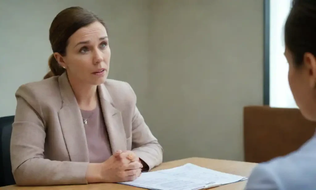 A consultant discussing solutions with a concerned beneficiary in an office setting.