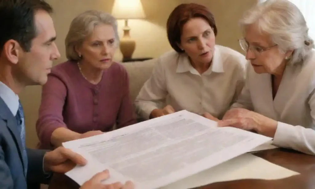 A family discussing estate planning documents with a highlighted section on successor trustee.