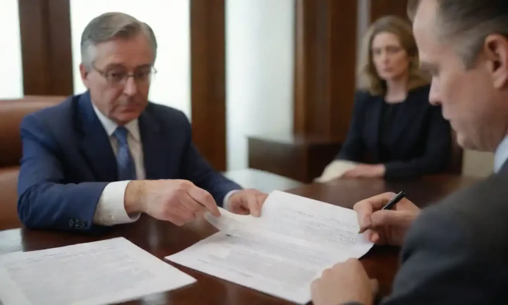 A person reviewing legal documents with a lawyer in an office setting.