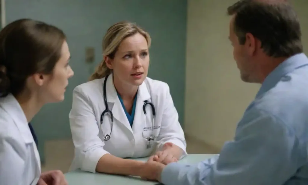 A person discussing medical decisions with a healthcare proxy and doctors in a hospital setting.