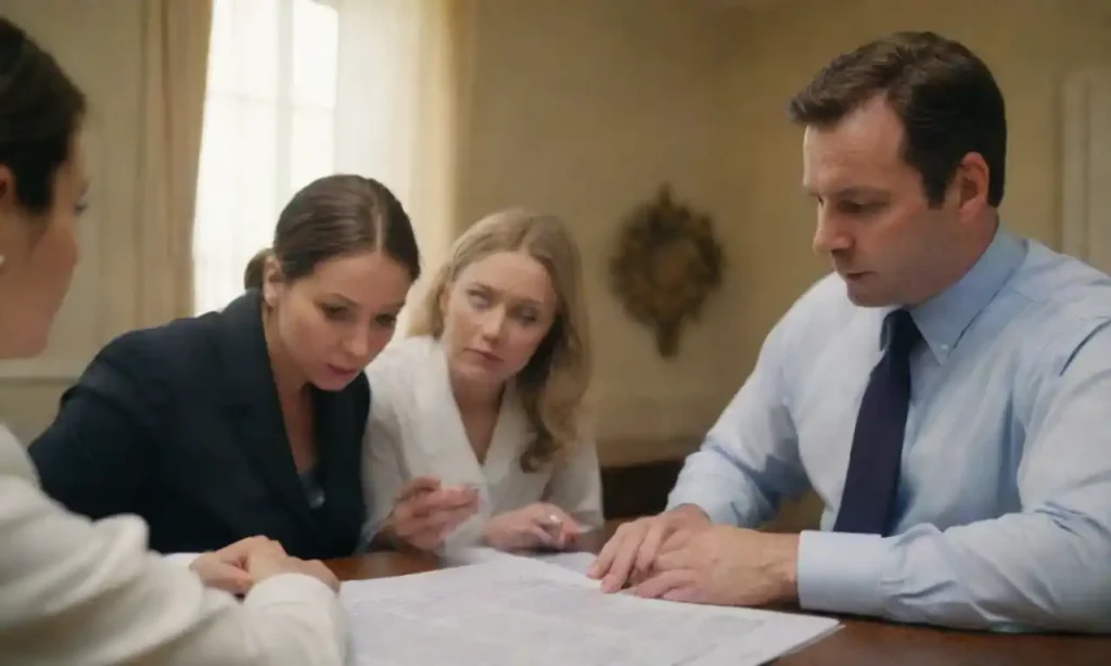 A lawyer discussing property documents with family members in a home setting.