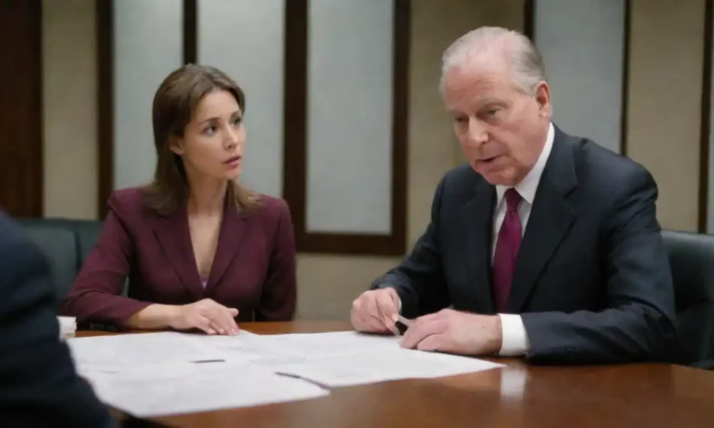 A lawyer advising a worried heir over legal documents in an office setting.