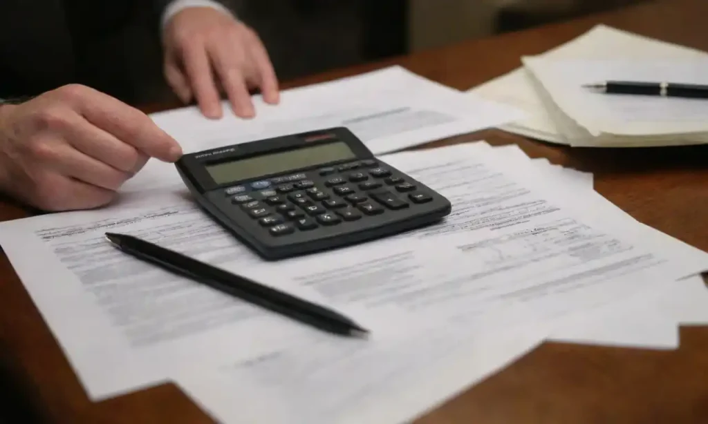 An attorney reviewing estate documents with a calculator and financial statements on a table.