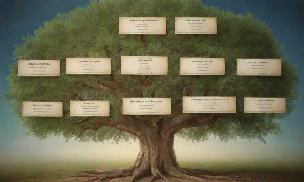 Illustration of a family tree showing inheritance flow among heirs with labels.