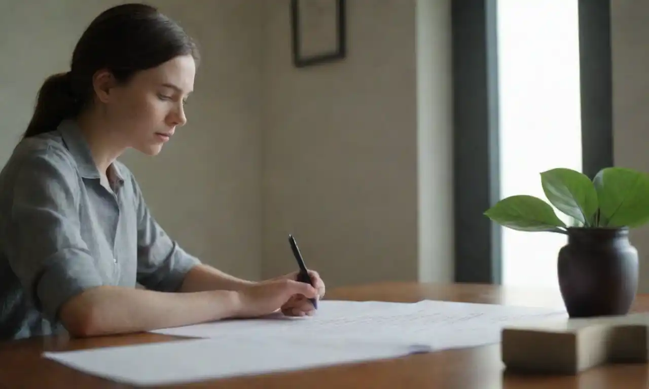 A serene workspace with minimalist decor and a person contemplating asset evaluation on paper.