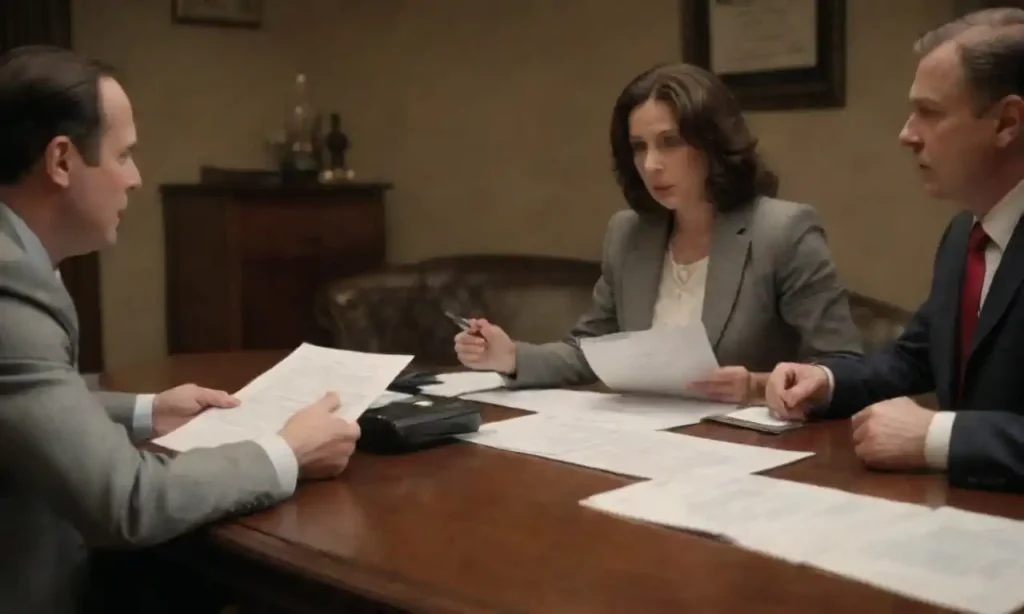 Family members arguing around a table with legal documents and a will in front of them.