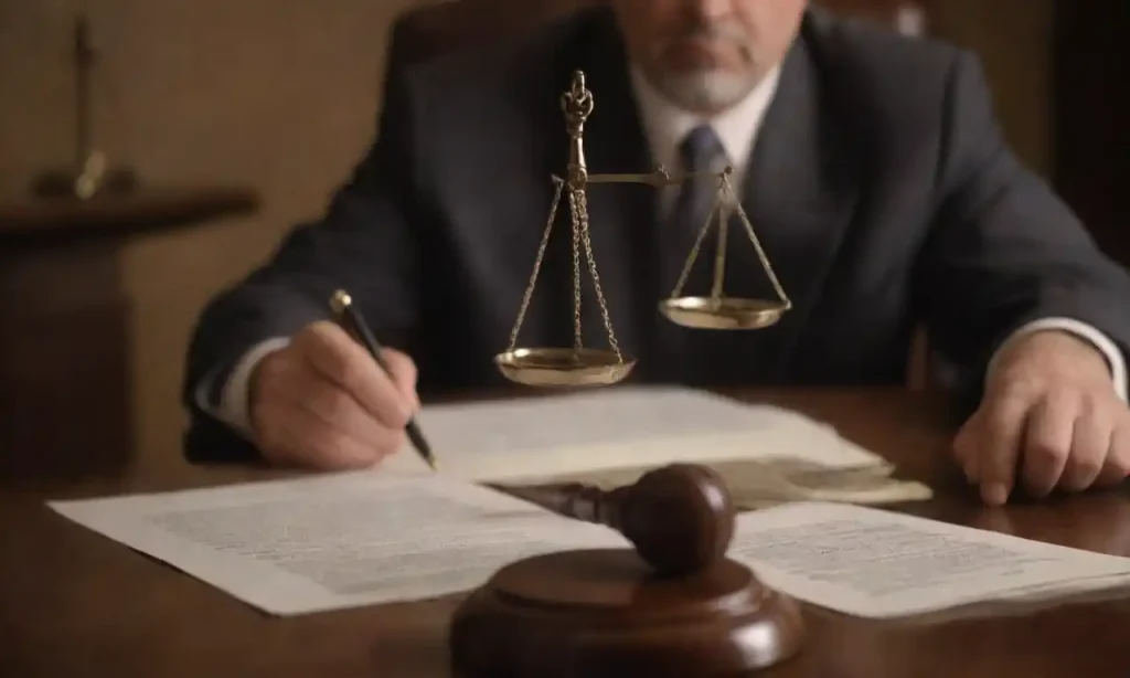 A person reading a legal document with a gavel and scales of justice in the background.