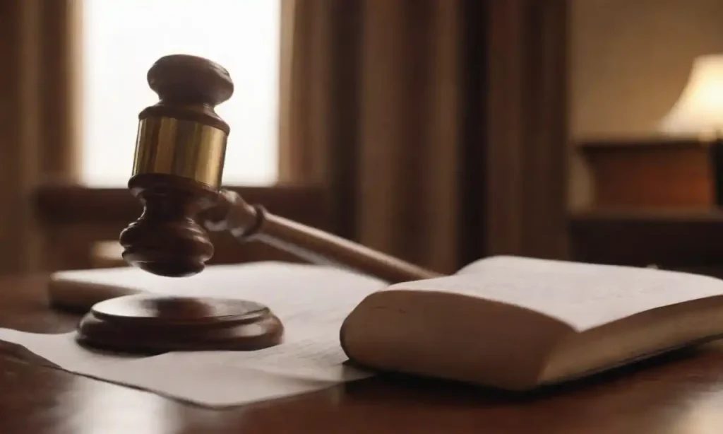 Person studying legal documents with a gavel and a law book in the foreground.