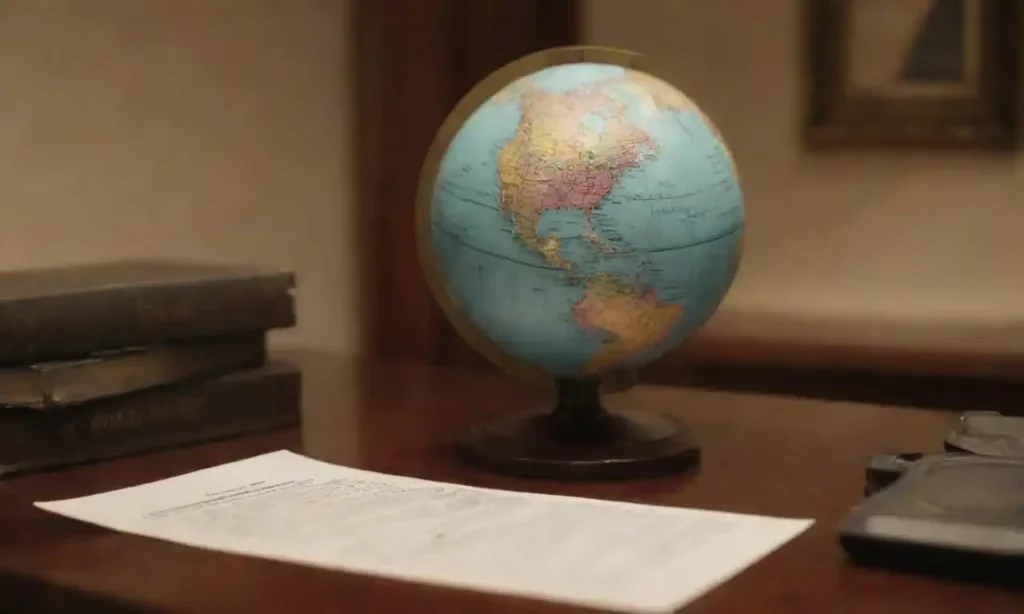 An individual organizing legal documents and a globe on a desk.