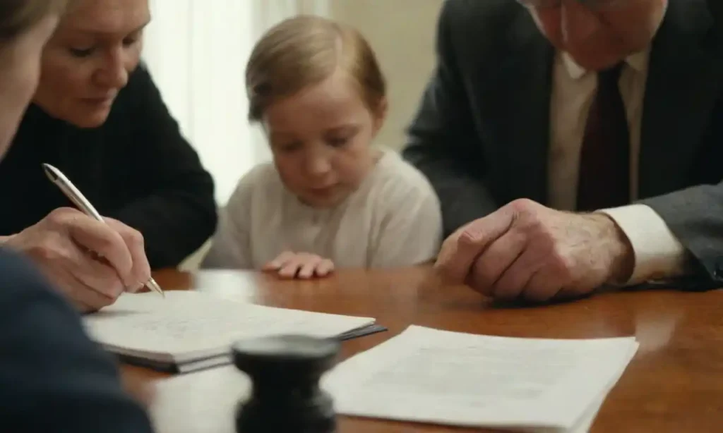 A person signing legal documents with a family member looking on