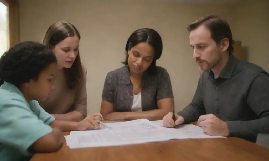 A family discussing plans over documents with images of community services in the background.