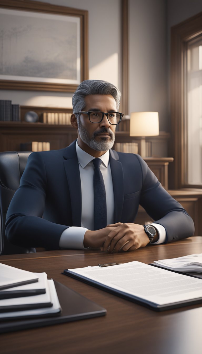 A lawyer sitting at a desk, surrounded by legal documents and a computer, offering advice to a client about probate and estate planning
