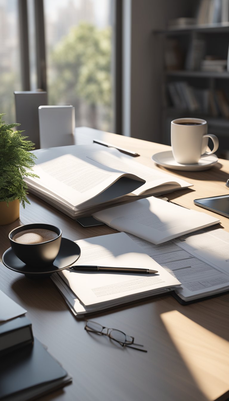 A cluttered desk with legal documents, a laptop, and a cup of coffee. A sign with "Affordable Estate Plan" hangs on the wall