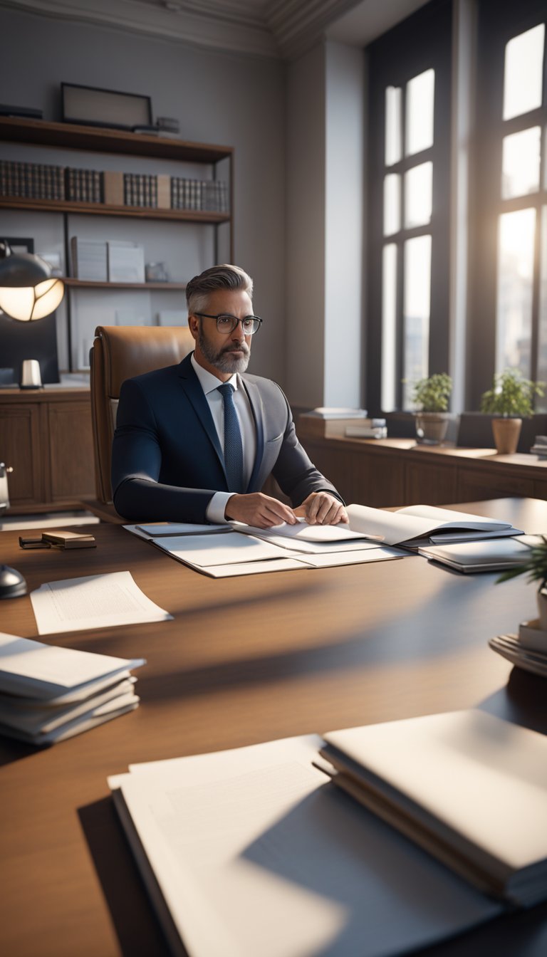 A lawyer sitting at a desk, surrounded by legal documents, discussing the probate process with a client in a comfortable office setting