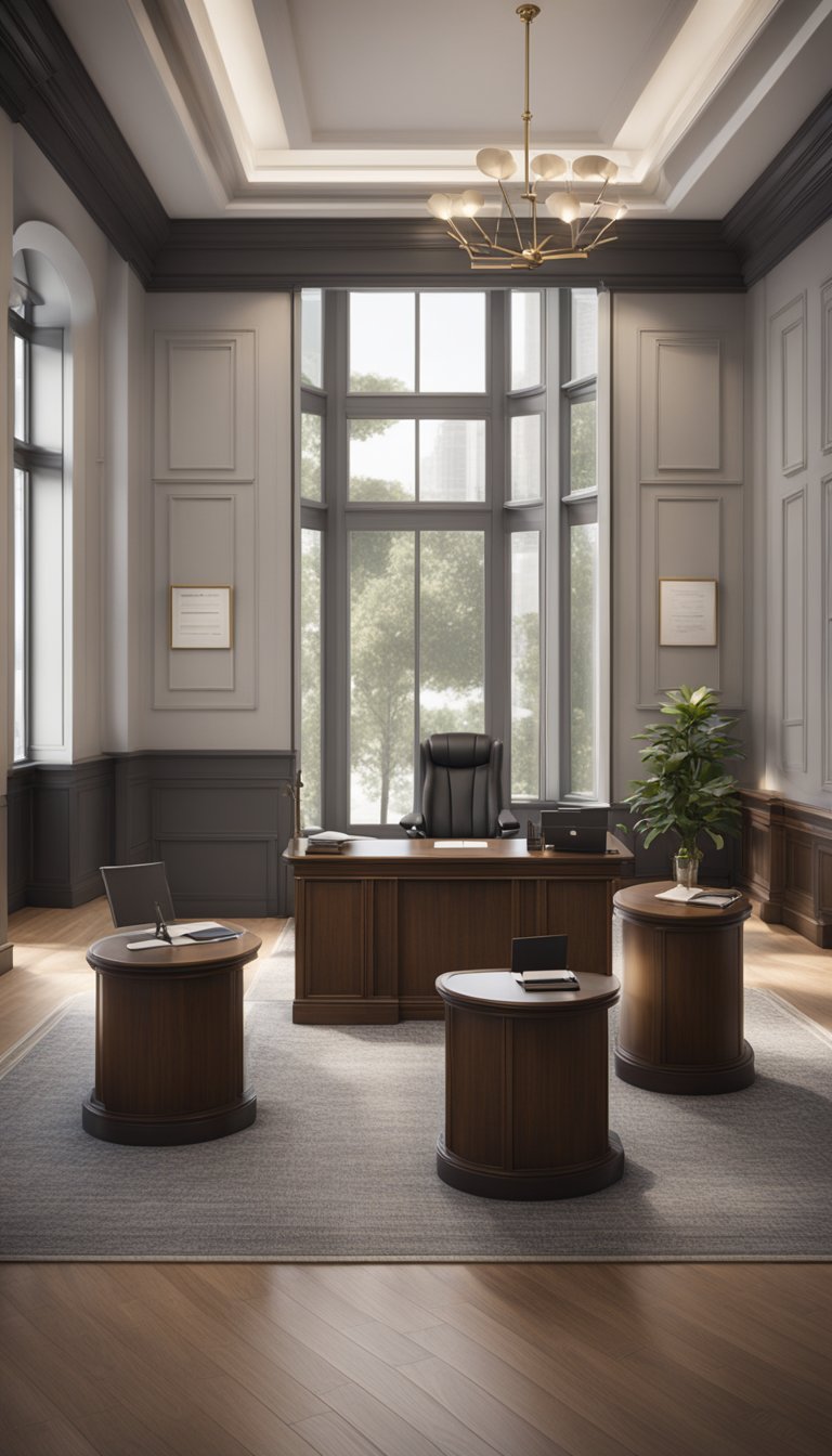 A professional attorney's office with a welcoming atmosphere, a desk with legal documents, and a sign indicating affordable probate and estate planning services